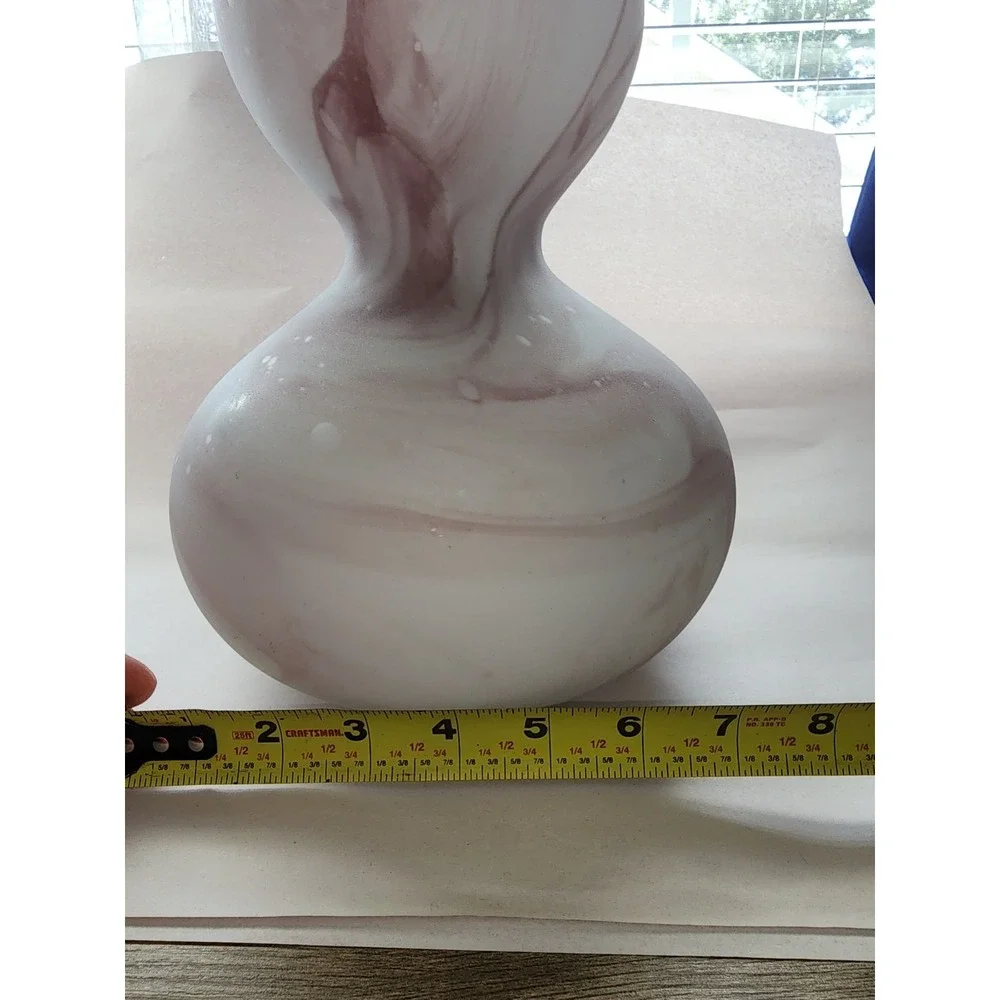 Hand Blown Glass Double Gourd Vase Frosted White Mauve Marbled Swirl 12.5 Inch